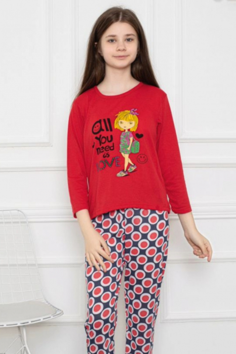 Pijama fete, din material bumbac, maneci si pantaloni lungi, imprimeu Love, rosu, embody.ro [3]