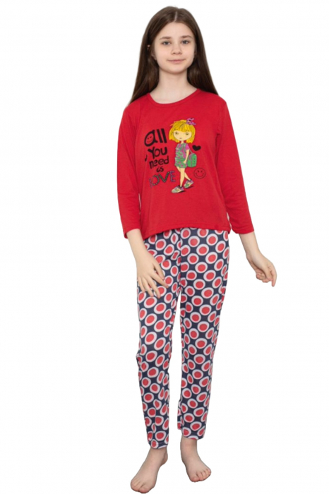 Pijama fete, din material bumbac, maneci si pantaloni lungi, imprimeu Love, rosu, embody.ro [4]