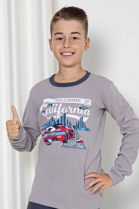 Pijama baieti, din material bumbac, maneci si pantaloni lungi, imprimeu masina, gri embody.ro [3]