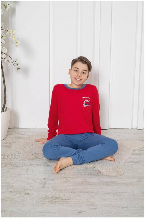 Pijama baieti, din material bumbac, maneci si pantaloni lungi, imprimeu masina, gri embody.ro [2]