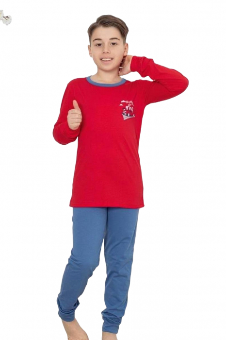 Pijama baieti, din material bumbac, maneci si pantaloni lungi, imprimeu masina, gri embody.ro [3]