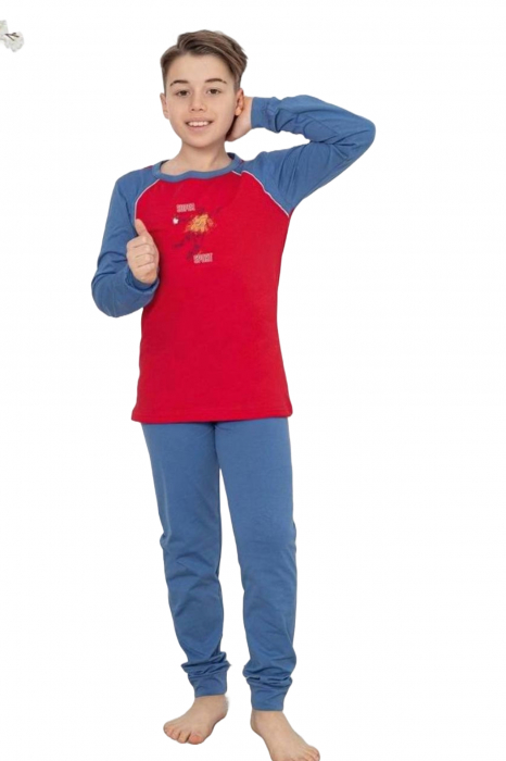 Pijama baieti, din material bumbac, maneci si pantaloni lungi, imprimeu masina, gri embody.ro [3]