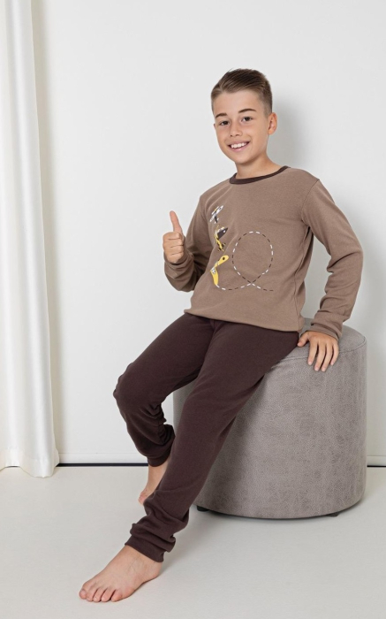 Pijama baieti, din material bumbac, maneci si pantaloni lungi, imprimeu motocicleta,maro 091 [1]