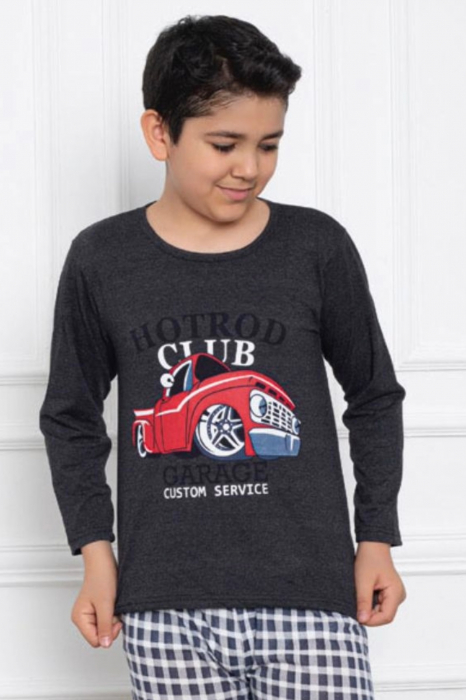 Pijama baieti, din material bumbac, maneci si pantaloni lungi, imprimeu Club Garage, gri, embody.ro [3]