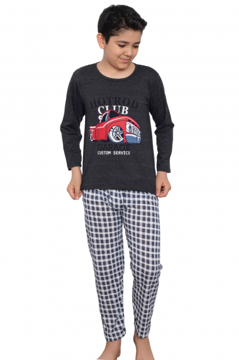Pijama baieti, din material bumbac, maneci si pantaloni lungi, imprimeu Club Garage, gri, embody.ro [4]