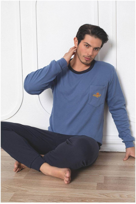 Pijama barbat din bumbac interlock, maneci si pantaloni lungi, , embody [2]