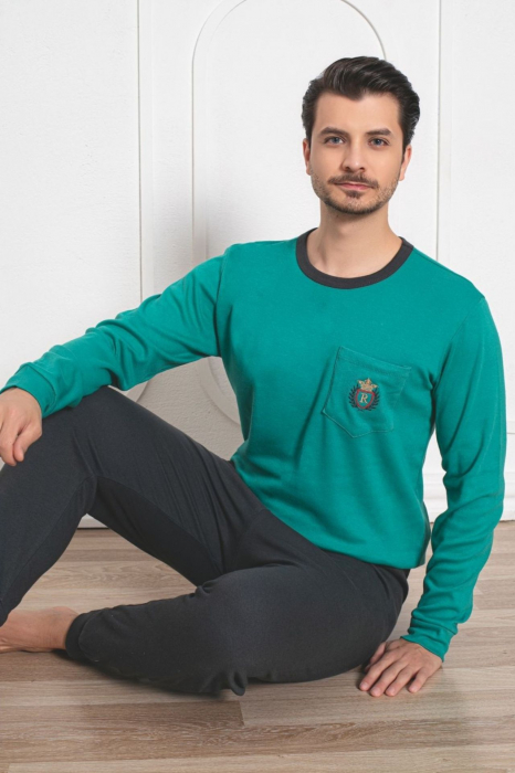 Pijama barbat din bumbac interlock, maneci si pantaloni lungi, , embody [2]