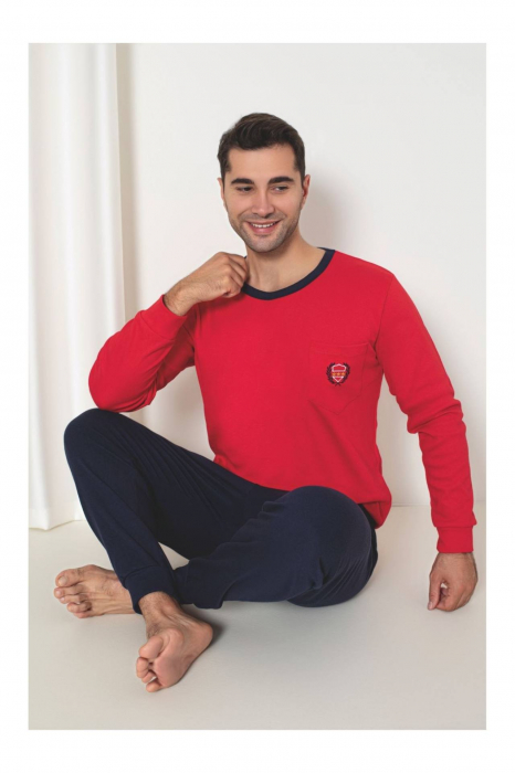 Pijama barbat din bumbac interlock, maneci si pantaloni lungi, albastru, embody [2]