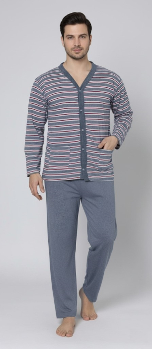 Pijama barbat bumbac, marime mare, maneci si pantaloni lungi, cu dungi, gri 16114 [1]