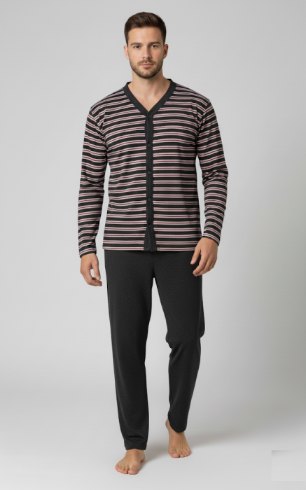 Pijama barbat bumbac, marime mare, maneci si pantaloni lungi, cu dungi, negru 16114 [1]