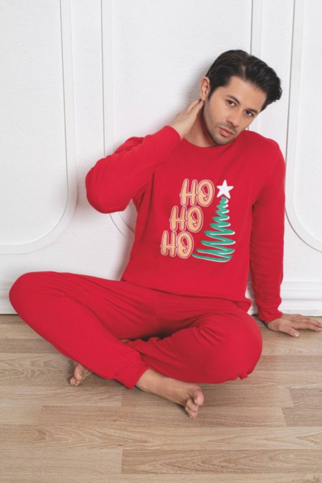 Pijama barbat Craciun din bumbac gros interlock, Merry Christmas, rosu 2006, embody [2]