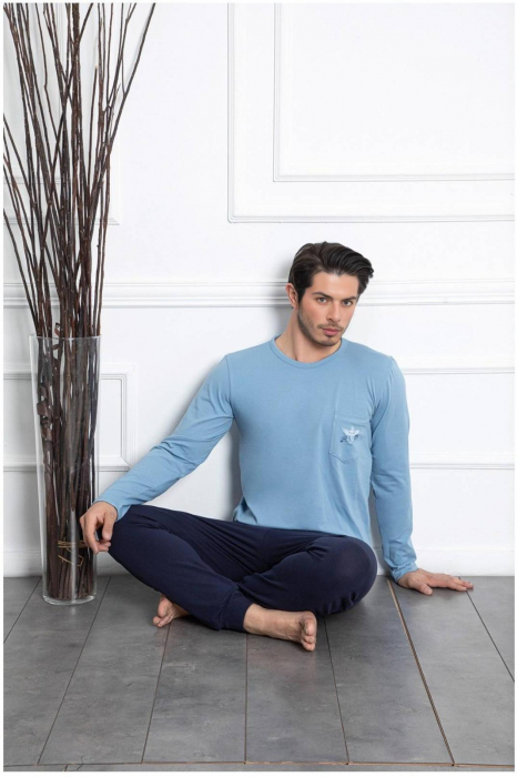 Pijama barbat din bumbac calitativ, maneci si pantaloni lungi, bleumarin 1041 , embody [2]