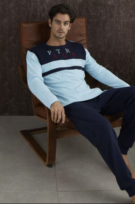 Pijama barbat din bumbac interlock, maneci si pantaloni lungi, albastru, embody [2]