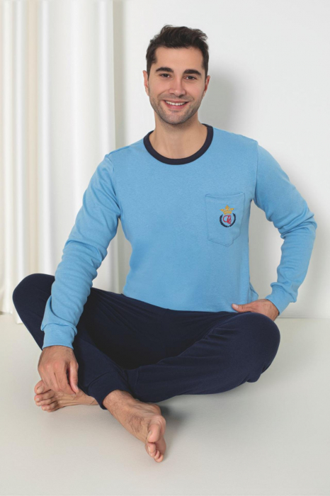 Pijama barbat din bumbac interlock, maneci si pantaloni lungi, albastru, embody [2]