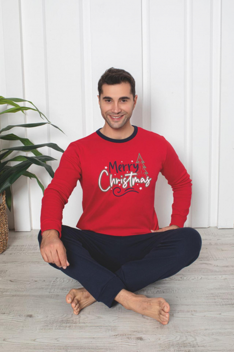 Pijama barbat Craciun din bumbac gros interlock, Merry Christmas, rosu 2006, embody [2]