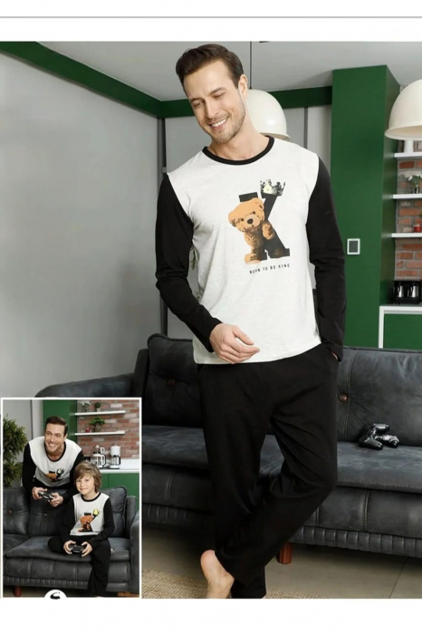 Pijama barbat din bumbac interlock, maneci si pantaloni lungi, albastru, embody [2]