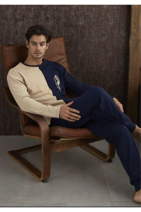 Pijama barbat din bumbac interlock, maneci si pantaloni lungi, albastru, embody [2]