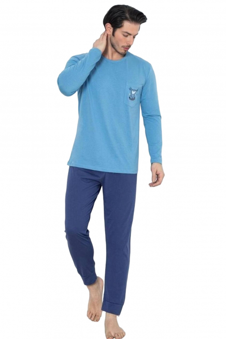 Pijama barbat din bumbac, maneci si pantaloni lungi, albastru 1001 , embody [3]