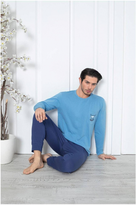 Pijama barbat din bumbac, maneci si pantaloni lungi, albastru 1001 , embody [2]