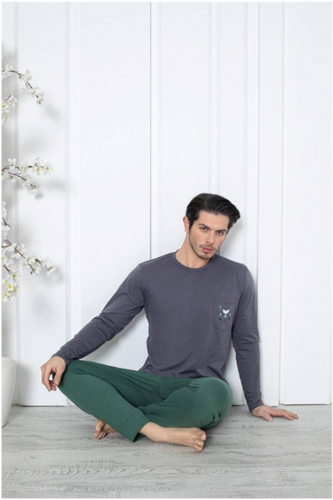 Pijama barbat din bumbac, maneci si pantaloni lungi, albastru 1001 , embody [2]