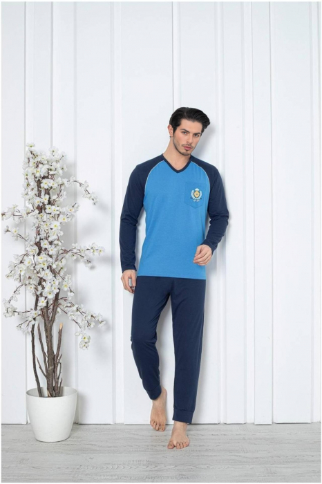 Pijama barbat din bumbac, maneci si pantaloni lungi, albastru/bleumarin  , embody [2]