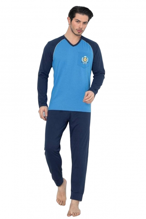 Pijama barbat din bumbac, maneci si pantaloni lungi, albastru/bleumarin  , embody [3]