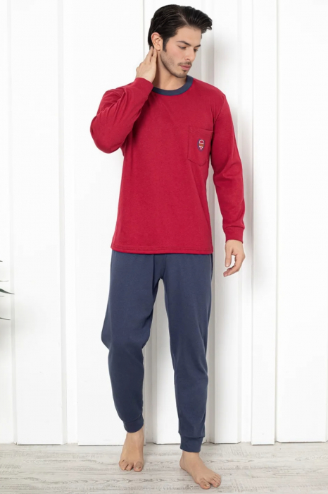 Pijama barbat din bumbac interlock, marime mare, maneci si pantaloni lungi, visiniu/gri 3011 , embody [2]