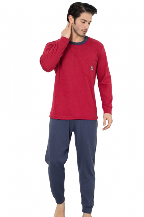 Pijama barbat din bumbac interlock, marime mare, maneci si pantaloni lungi, visiniu/gri 3011 , embody [3]