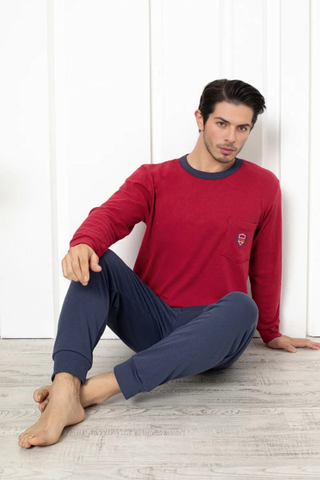Pijama barbat din bumbac interlock, marime mare, maneci si pantaloni lungi, visiniu/gri 3011 , embody [2]