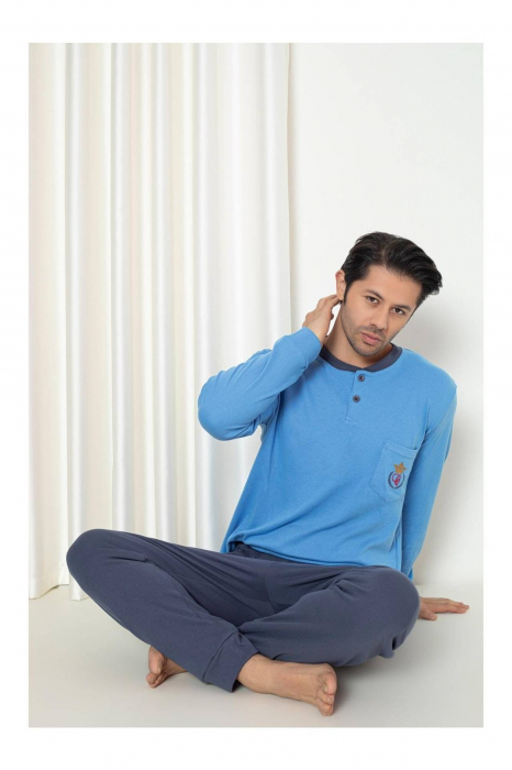 Pijama barbat din bumbac interlock, maneci si pantaloni lungi, albastru, embody [2]