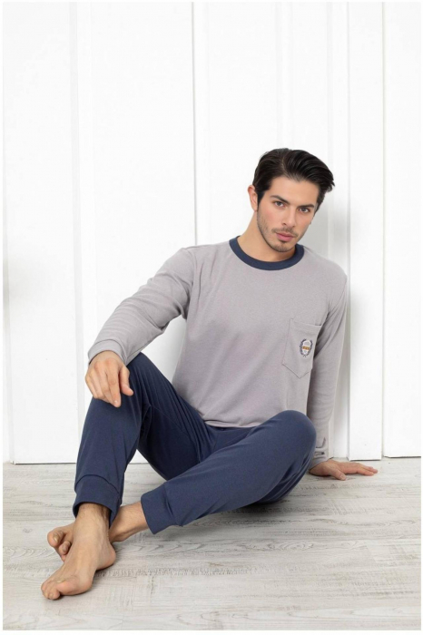 Pijama barbat din bumbac, maneci si pantaloni lungi, gri deschis 601 , embody [2]