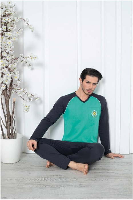 Pijama barbat din bumbac, maneci si pantaloni lungi, verde/bleumarin, embody [2]
