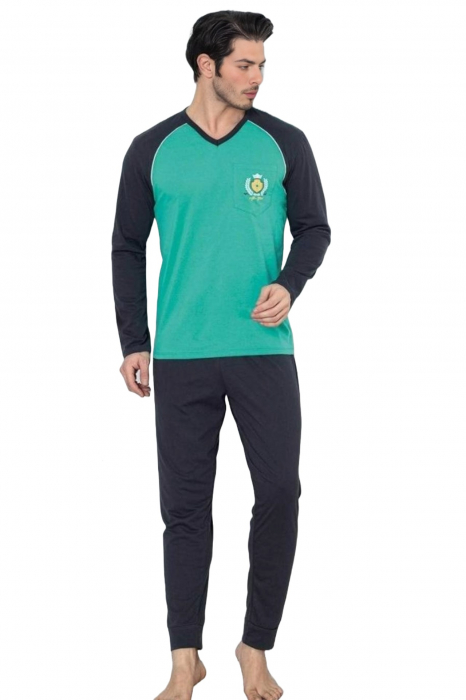 Pijama barbat din bumbac, maneci si pantaloni lungi, verde/bleumarin, embody [3]