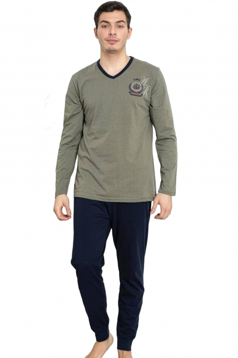Pijama bumbac barbat, maneci si pantaloni lungi, imprimeu modern, kaki/bleumarin 508 embody [3]