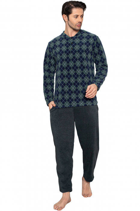 Pijama barbat, material soft polar moale si calduros, bluza in carouri, pantaloni cu buzunare laterale, verde [4]
