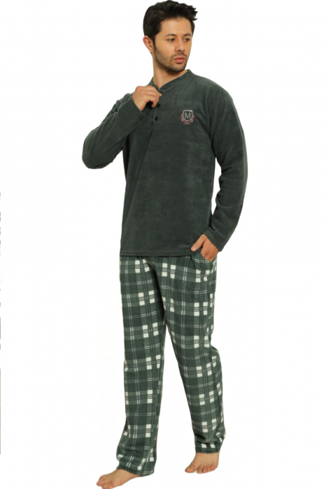 Pijama barbat, material soft polar moale si calduros, buzunare laterale, verde inchis [4]
