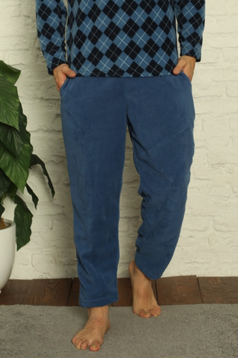 Pijama barbat, material soft polar moale si calduros, bluza in carouri, pantaloni cu buzunare laterale, albastru [4]