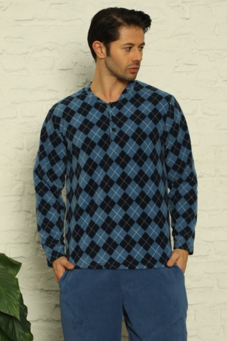 Pijama barbat, material soft polar moale si calduros, bluza in carouri, pantaloni cu buzunare laterale, albastru [3]