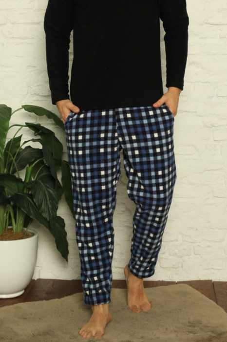 Pijama barbat, material soft polar moale si calduros, maneci lungi, pantaloni cu buzunare carouri, albastru [2]