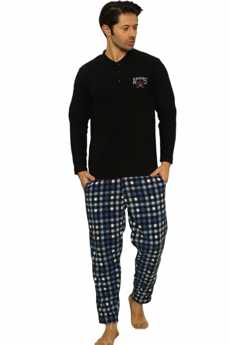 Pijama barbat, material soft polar moale si calduros, maneci lungi, pantaloni cu buzunare carouri, albastru [4]