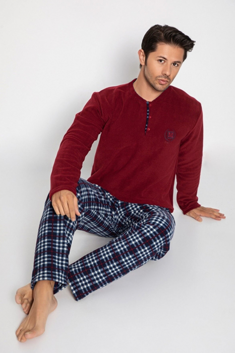 Pijama barbat, material soft polar moale si calduros, cu buzunare laterale, albastru/visiniu [2]