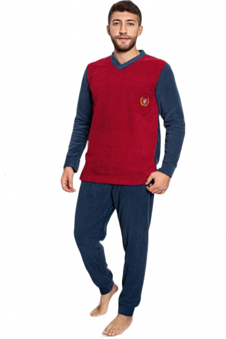 Pijama barbat, material soft polar moale si calduros, cu maneci si pantaloni lungi, albastru/visiniu [3]