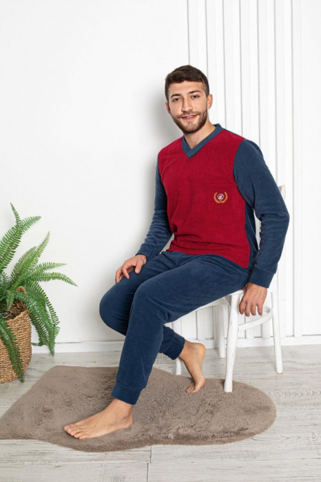 Pijama barbat, material soft polar moale si calduros, cu maneci si pantaloni lungi, albastru/visiniu [2]
