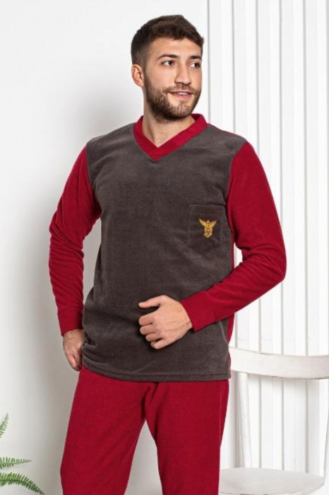 Pijama barbat, material soft polar moale si calduros, cu maneci si pantaloni lungi, maro/visiniu, embody.ro [4]