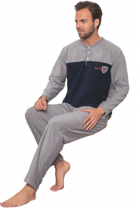 Pijama barbat, material soft polar moale si calduros, cu maneci si pantaloni lungi, gri deschis [4]