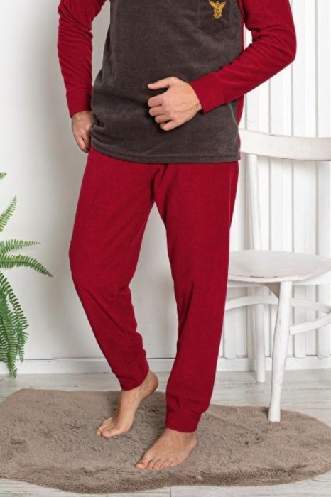 Pijama barbat, material soft polar moale si calduros, cu maneci si pantaloni lungi, maro/visiniu, embody.ro [3]