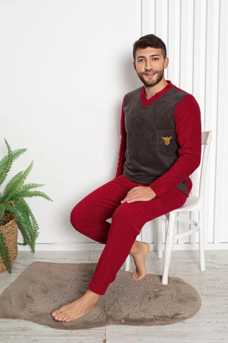Pijama barbat, material soft polar moale si calduros, cu maneci si pantaloni lungi, maro/visiniu, embody.ro [2]