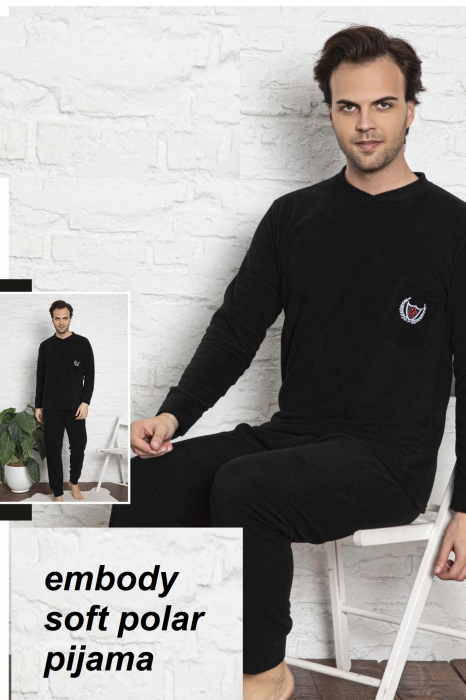 Pijama barbat, material soft polar moale si calduros, cu maneci si pantaloni lungi, negru, embody.ro [3]