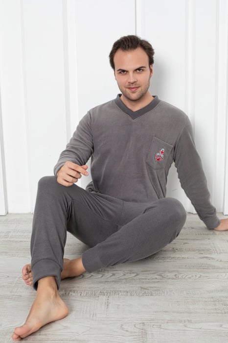 Pijama barbat, material soft polar moale si calduros, cu maneci si pantaloni lungi, gri [2]