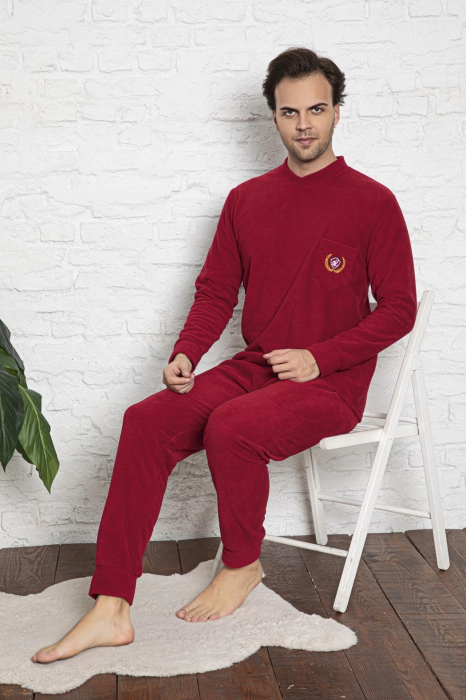 Pijama barbat, material soft polar moale si calduros, cu maneci si pantaloni lungi, visiniu, embody.ro [2]